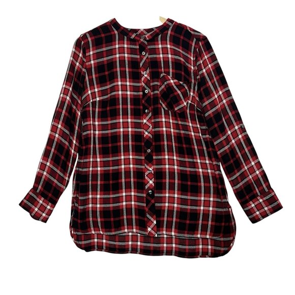 Talbots Women’s Shirt Medium Red Plaid Flannel Button Roll Tab Sleeves Bib Neck - Picture 1 of 10